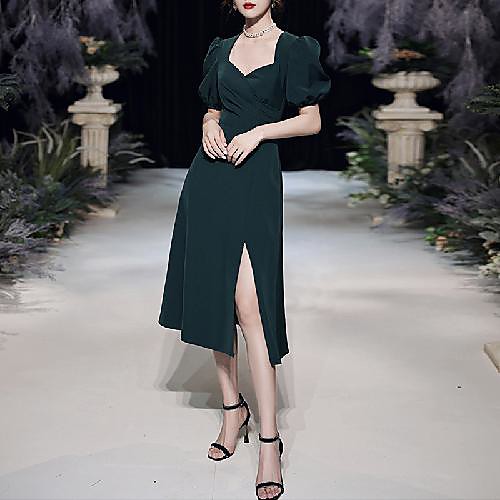 

A-Line Minimalist Elegant Homecoming Cocktail Party Dress Scoop Neck Half Sleeve Tea Length Spandex with Split 2021