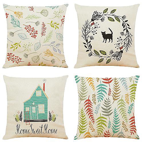 

4 pcs Linen Pillow Cover, Floral&Plants Simple Classic Square Zipper Traditional Classic