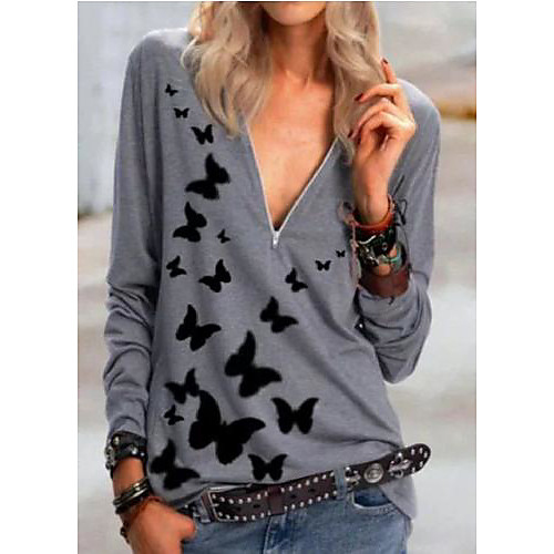 

Women's Blouse Animal Long Sleeve Zipper Patchwork Print V Neck Tops Basic Top Gray
