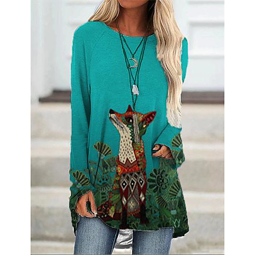 

Women's T Shirt Dress Tee Dress Short Mini Dress Khaki Green Gray Long Sleeve Print Animal Patchwork Print Fall Spring Round Neck Casual 2021 S M L XL XXL 3XL 4XL / Plus Size