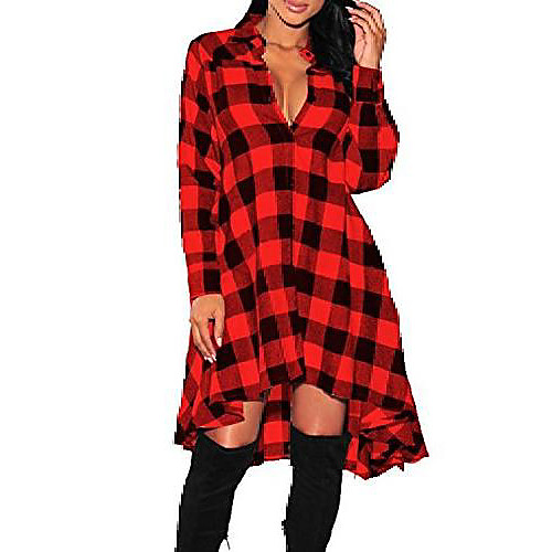 

plaid shirt dress ladies long sleeves loose one line casual tunic blouse swing dresses red xl