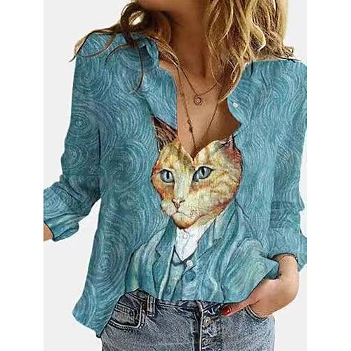 

Women's Blouse Shirt Animal Long Sleeve Print Shirt Collar Tops Basic Top Blue