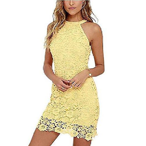 

ladies halter lace sleeveless mini dress high round neck backless cocktail party bodycon lace mini dress yellow w