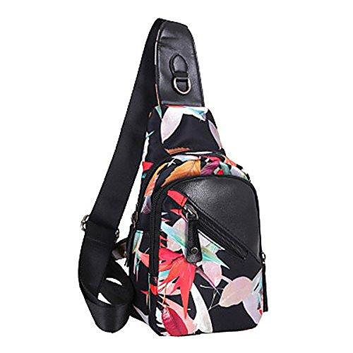 

women's floral cross body bag durable chest bag outdoor nylon sling shoulder bag (leaf)