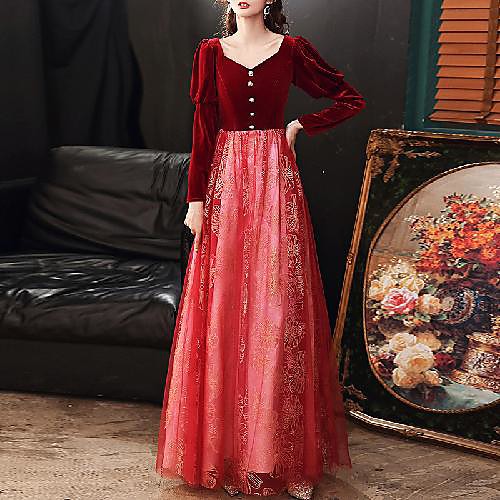 

A-Line Glittering Floral Engagement Formal Evening Dress V Neck Long Sleeve Floor Length Tulle Velvet with Buttons 2021