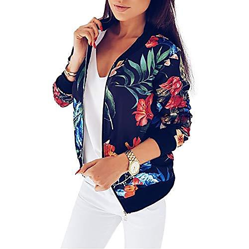 

ladies casual floral short bomber jacket casual zipper long sleeve coat outwear xl black