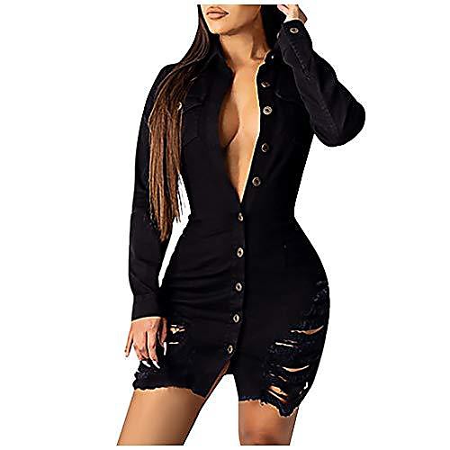 

denim dress sexy skinny dress washed destroyed mini dress lapel long sleeves button bodycon short dress party clubwear cocktail dress