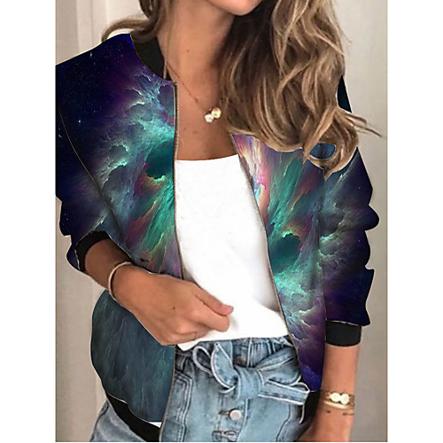 

Women's Tie Dye Patchwork Streetwear Spring & Fall Jacket Regular Sports Long Sleeve Rayon Coat Tops Blue