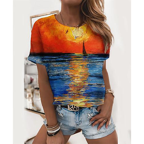 

Women's T shirt Scenery Graphic Prints Print Round Neck Tops Basic Basic Top Blue Light Blue