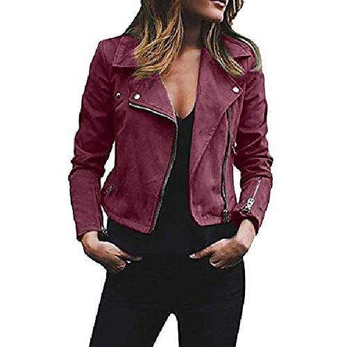 

women's short, slim, soft, zip up faux leather jacket, faux suede, moto biker coat wine red s