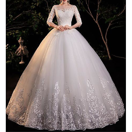 

Princess Ball Gown Wedding Dresses Jewel Neck Floor Length Lace Tulle Half Sleeve Formal Romantic Elegant with Appliques 2021