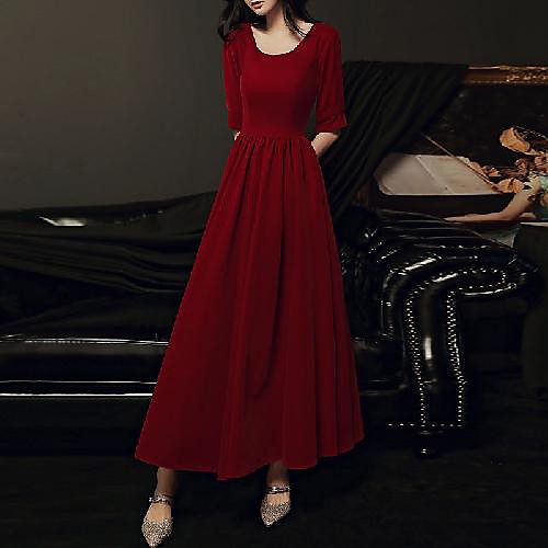 

A-Line Minimalist Vintage Wedding Guest Formal Evening Dress Scoop Neck Half Sleeve Ankle Length Spandex with Sleek 2021
