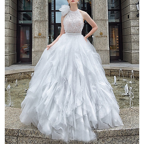

Princess Ball Gown Wedding Dresses High Neck Floor Length Lace Tulle Sleeveless Country Formal Luxurious Sparkle & Shine with Ruffles Appliques 2021