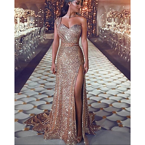 

Mermaid / Trumpet Sparkle Sexy Engagement Formal Evening Dress One Shoulder Sleeveless Court Train Sequined with Sequin Split 2021