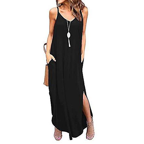 

maxi dress ladies summer dress elegant sleeveless v-neck beach dress casual dress (small, black)