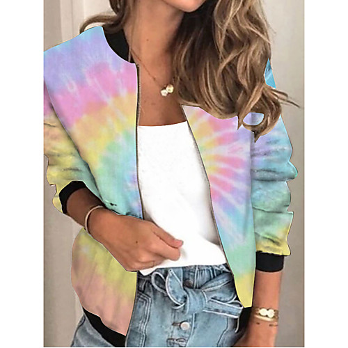 

Women's Tie Dye Patchwork Streetwear Spring & Fall Jacket Regular Sports Long Sleeve Rayon Coat Tops Blushing Pink