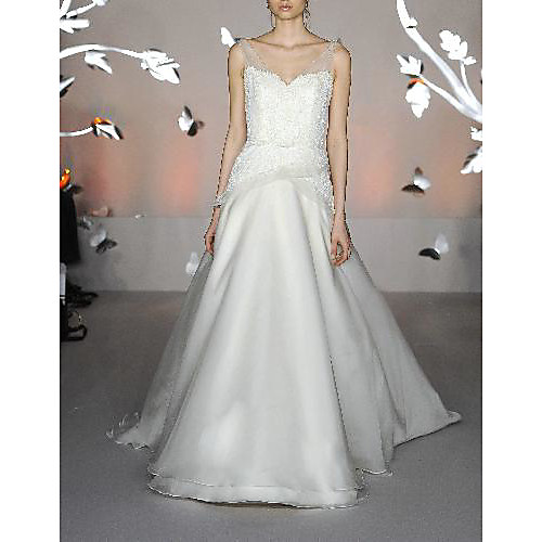 

A-Line Wedding Dresses V Neck Sweep / Brush Train Satin Tulle Sleeveless Simple Luxurious with Cascading Ruffles 2021