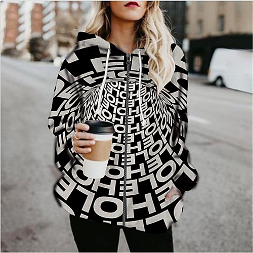 

Women's Print Print Fall & Winter Hoodied Jacket Regular Sports Long Sleeve Cotton Blend Coat Tops Black