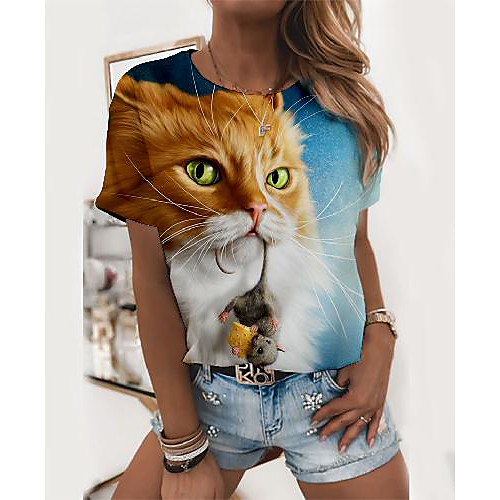

Women's T shirt Cat 3D Graphic Prints Print Round Neck Tops Basic Basic Top Blue