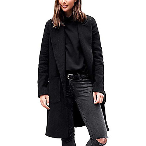 

women winter wool blend pea coat lapel single breasted midi trench coats outwear black m