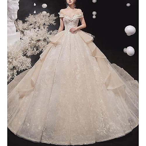 

Princess Ball Gown Wedding Dresses Off Shoulder Chapel Train Lace Tulle Sequined Short Sleeve Formal Romantic Luxurious Sparkle & Shine with Ruffles Appliques 2021