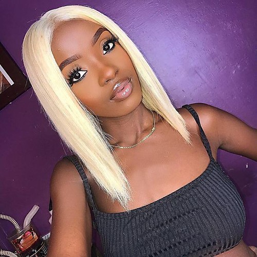 

Remy Human Hair Lace Front Wig Bob style Brazilian Hair Straight Blonde Wig 150% Density Best Quality Thick Middle Part Bob Women's Medium Length Human Hair Lace Wig WoWEbony