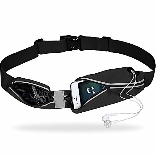 

sports running bag, outdoor waterproof reflective waist pack, fitness workout belt fanny pack for hands-free workout, dual pouch phone holder for iphone galaxy, support up to 6.3 smar (black)