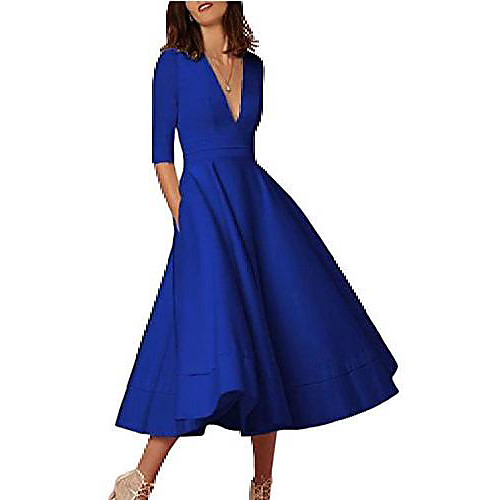 

women's vintage half-sleeve v-neck swing midi cocktail dress - blue - xx-large