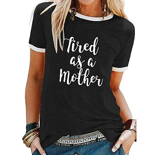 

Women's T shirt Letter Patchwork Print Round Neck Tops Basic Basic Top Black Blue Purple