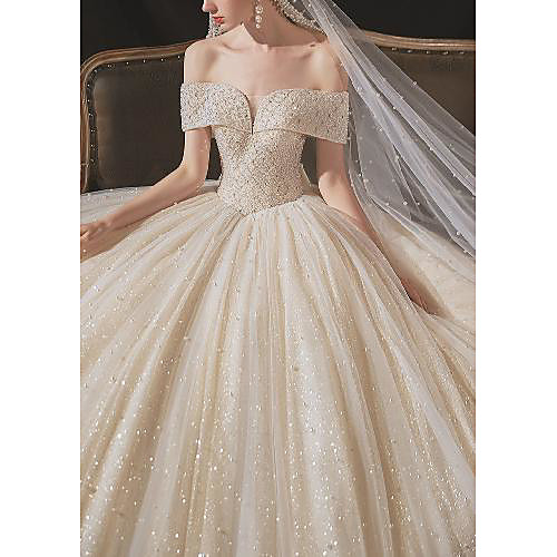 

Princess Ball Gown Wedding Dresses Off Shoulder Chapel Train Lace Tulle Sequined Short Sleeve Formal Luxurious Sparkle & Shine with Bow(s) Pleats 2021