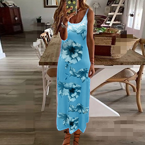 

Women's Strap Dress Maxi long Dress Sleeveless Print Print Fall Spring Plus Size Casual Cotton 2021 Blue Purple Blushing Pink Fuchsia Green Light Green Gray S M L XL XXL 3XL