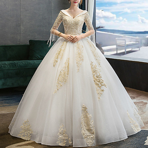 

Princess Ball Gown Wedding Dresses V Neck Floor Length Lace Tulle Half Sleeve Formal Sparkle & Shine with Pleats Tassel Appliques 2021