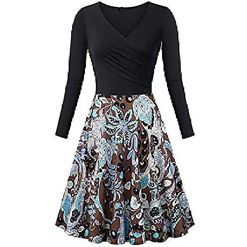 

ladies vintage ballet v-neck dress party dress audrey elegant floral print long sleeves dress brown flowers xs