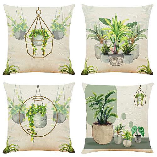 

4 pcs Linen Pillow Cover, Floral&Plants Simple Classic Square Zipper Traditional Classic