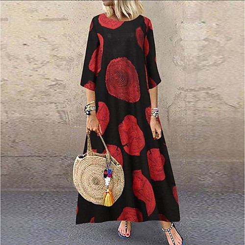 

Women's A Line Dress Midi Dress White Black Red Yellow 3/4 Length Sleeve Print Patchwork Print Spring Round Neck Casual Vintage Cotton Linen S M L XL XXL 3XL 4XL 5XL