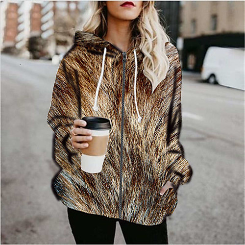 

Women's Print Print Fall & Winter Hoodied Jacket Regular Sports Long Sleeve Cotton Blend Coat Tops Gray