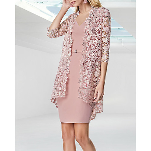 

Two Piece Sheath / Column Mother of the Bride Dress Elegant V Neck Knee Length Lace Stretch Fabric Half Sleeve with Sash / Ribbon Appliques 2021