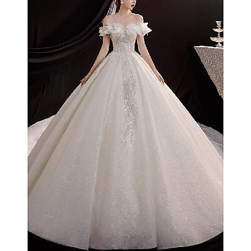 

Princess Ball Gown Wedding Dresses Off Shoulder Chapel Train Lace Tulle Sequined Short Sleeve Formal Romantic Luxurious Sparkle & Shine with Pleats Appliques 2021