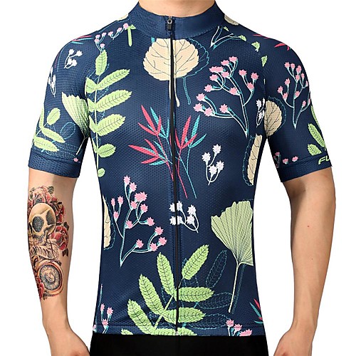 

21Grams Men's Short Sleeve Cycling Jersey Dark Navy Floral Botanical Bike Jersey Mountain Bike MTB Road Bike Cycling Breathable Sports Clothing Apparel / Athletic