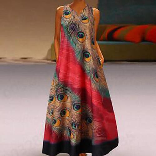 

Women's Swing Dress Maxi long Dress Blue Red Light Blue Sleeveless Animal Pocket Patchwork Print Summer V Neck Casual 2021 S M L XL XXL 3XL 4XL 5XL