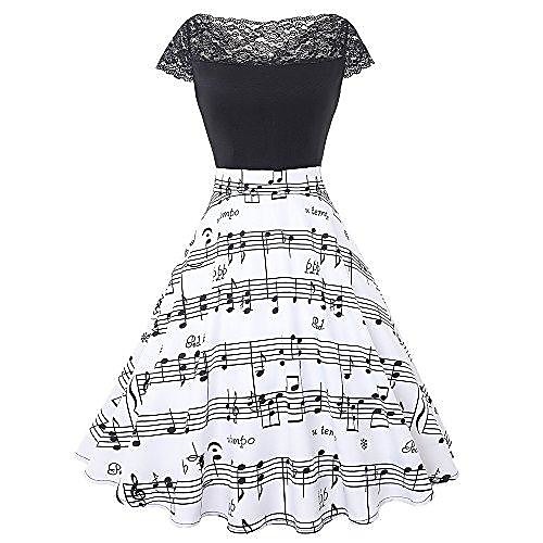 

women's retro 50s music note print cocktail swing lace party dress size l (blackandwhite)