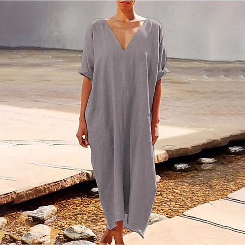 

Women's Kaftan Dress Midi Dress Black Gray 3/4 Length Sleeve Solid Color Pocket Patchwork Spring V Neck Casual Linen S M L XL XXL 3XL 4XL 5XL
