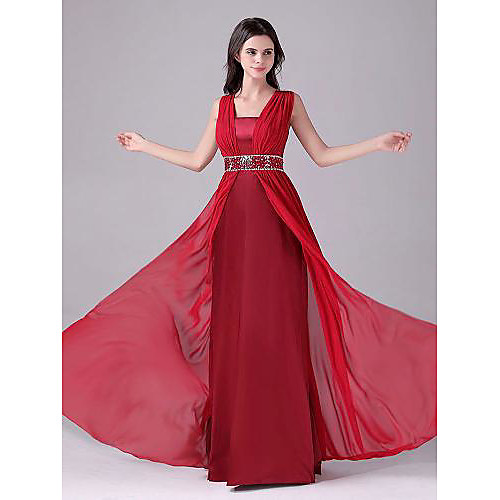 

A-Line Empire Elegant Wedding Guest Formal Evening Dress Scoop Neck Sleeveless Floor Length Chiffon with Beading Tier 2021