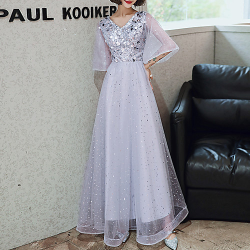 

A-Line Sparkle Elegant Engagement Prom Dress V Neck Half Sleeve Floor Length Tulle with Sequin 2021