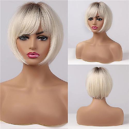 

short straight ombre brown blonde bob wig with bangs synthetic hair wig for women cosplay lolita heat resistant fiber
