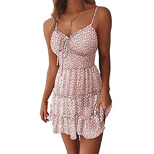

chicme ladies dress with floral pattern, v-neck, sleeveless, mini summer dress, casual dress, beach dress, vacation dress size l, style 3 pink