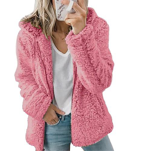 

Women's Solid Colored Fall & Winter Teddy Coat Long Going out Long Sleeve Lamb Fur Coat Tops Black