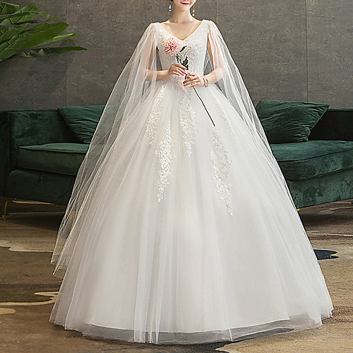 

Princess Ball Gown Wedding Dresses V Neck Floor Length Lace Tulle Sleeveless Romantic with Pleats Beading Appliques 2021