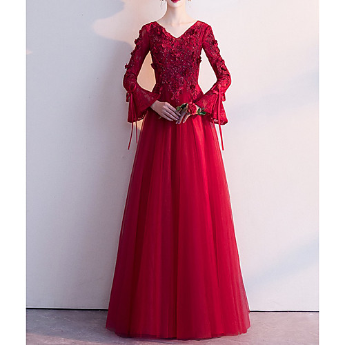 

A-Line Elegant Floral Wedding Guest Formal Evening Dress V Neck Long Sleeve Floor Length Lace Tulle with Bow(s) Appliques 2021