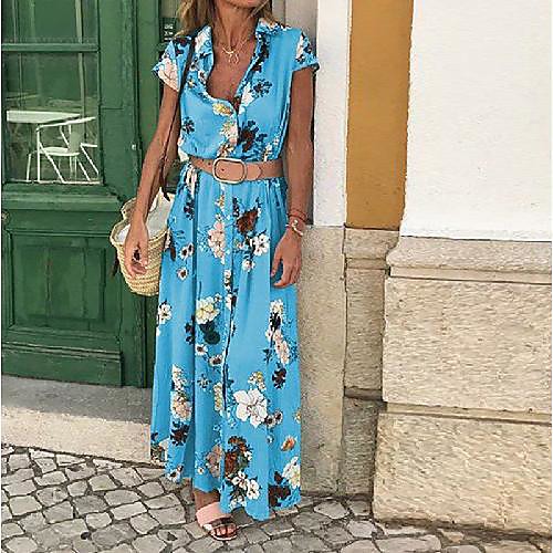 

Women's Swing Dress Maxi long Dress Blue Purple Yellow Light Blue Short Sleeve Floral Patchwork Print Spring Summer Shirt Collar Mumu vacation dresses 2021 S M L XL XXL